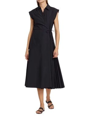 Tanya Taylor Black Sleeveless Wrap Midi Dress with Pleated Side